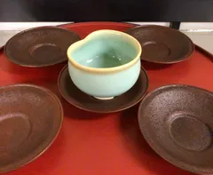 琢斎造銅製浮彫茶托5客木箱付615g/直径10.5㎝本Y5-0517☆