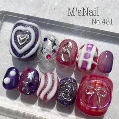 ネイルチップ カラフル ピンク 紫 y2k 韓国 派手 かわいい キラキラ うるうる ちゅるん