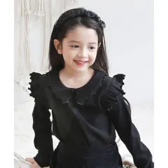 ☆ ブラック ☆ 110cm ☆ メロウトップス 襟付き カットソー 長袖 キッズ トップス Tシャツ 女の子 襟あり フリル 子供 こども 子ども フォーマル きれいめ おしゃれ かわいい 可愛い 春秋 秋冬 カジュアル ナチュラル 春 秋 冬