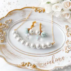 formal ＊ White cotton pearl - mint flower イヤリング ＊ 結婚式 お呼ばれ パーティー 華やか ナチュラル 贈り物 プレゼント フォーマル ミント パステル noakoma