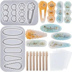 【在庫処分】5WYOUKE ヘアピン シェイカーモールド シリコンモールド 2個セット 9種類 ヘアクリップ レジン シリコン モールド シャカシャカ中身 猫の肉球 ハート 花 楕円形 流れ砂型 流砂シーリングフィルム 4枚付き 金具クリップ10個付き