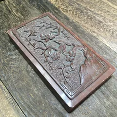 中国美術 透彫刻 軍配 高48cm幅28cm 台座・箱付 両面 団扇