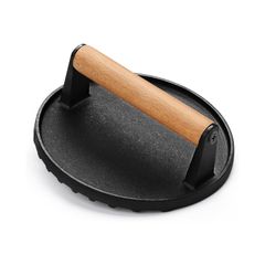 【数量限定】鋳物 ブラック 肉押さえ 波型 丸型 木製ハンドル付き グリルプレス ベーコンプレス 肉プレス ミートプレス 食肉プレス happykau 直径約17.5cm