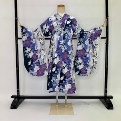 二尺袖 単品 卒業式着物 白 青 裄67.2cm Lサイズ  袴用着物 化繊 中古 4549