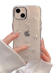 (iPhone15) bow ribbon silver 可愛い 透明 デザイン シルバーパール ラメ入り きらきら りぼん装飾 クリア ケース iPhone15 韓国 おしゃれ ミニリボン シルバー saymi's