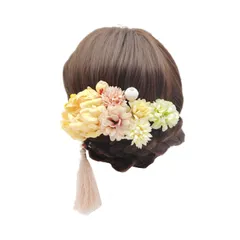 大人気　卒業式 着物 七五三 成人式 ヘアアクセサリー 浴衣 Uピン ヘアピン 振袖 タッセル 花 9点セット (イエロー) 和装 髪飾り