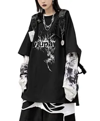 【新着商品】[ＴＡＩＴＥＮＧ] ロンT レディース 原宿系 長袖 ゆったり Tシャツ オーバーサイズ ティーシャツ レイヤード系 タイダイ トップス 韓国 プルオーバー 地雷系 量産型 黒 春 秋