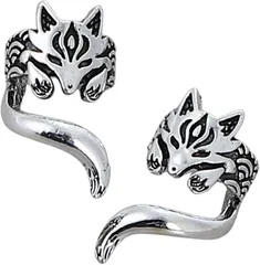 CHASO イヤーカフ 狐 キツネ イヤリング フェイクピアス ノンホール ユニセックス(シルバー/左右1ペア,  フリー)