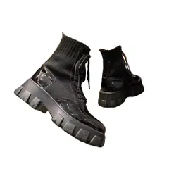 [MORABLU] ソックスブーツ 厚底 ショートブーツ 6cm 美脚 足長 細身効果 シークレット レディース 黒 ミドル 紐 楽 25.5cm 合皮 光沢 エナメル調 [エナメル調 / ブラック] [25.5 cm]