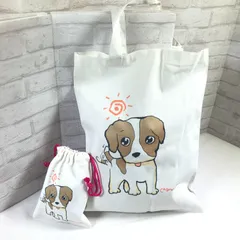 犬キャラ トートバッグ ミニ巾着セット《charmmy brand》白　お散歩犬（90100109）
