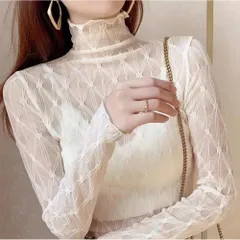 ☆ アイボリー ☆ XLサイズ ☆ レース トップス インナー ktops517 レース トップス 長袖 インナー ハイネック シアートップス 透け ブラウス シャツ レディース シースルー レイヤード 重ね着 肌隠し カバー 柔らかい 通勤 通学