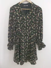◇ ◎ one after another NICE CLAUP 花柄 長袖 ミニ ワンピース サイズF ブラック ホワイト系 マルチ レディース P  【1304250011427】