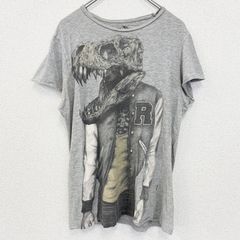 古着 used　LARGE　半袖プリントTシャツ　レトロデザイン　ティラノサウルス　恐竜　クルーネック　灰色　グレー