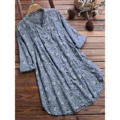 ☆ ブルー ☆ Lサイズ ☆ ブラウス トップス ロング 春夏秋 kblouse25 ブラウス チュニック レディース 長袖 ロングシャツ シャツワンピース ワンピース カーディガン シャツ 大きいサイズ ライトアウター 前開き ゆったり 花柄 かわいい 夏