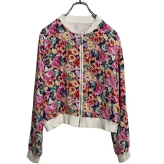 ジップアップ ジャケット レディース L～ピンク マルチカラー 花柄 総柄 短丈 薄手 ブルゾン 古着卸 アメリカ仕入 a703-6384