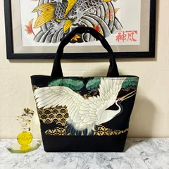和柄ミニトートバッグ 鶴(両面) ブラック 内ポケット&Dカン付き ハンドメイド メンズ レディース ストリート ハンドバッグ 帆布バッグ