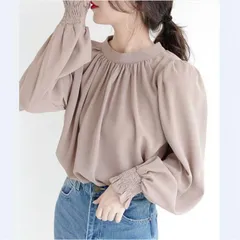 ブラウス レディース ボリューム袖 長袖 シャツ クルーネック トップス カジュアル きれいめ オフィス OL 無地 ママコーデ 20代 30代 40代 cbrd604