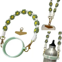 アリス Hi-Craft ハンドストラップ スマホストラップ 手首 携帯ストラップ おしゃれ かわいい ペットボトルホルダー付 フォンタブ 金具 2way(グリーンホワイト)