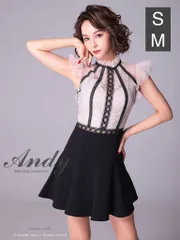 ベージュブラック [OK2661-BEB-2301]【ANDY/アンディ】レース/ リボン/ バイカラー/ ハイネック/ 切り替えデザイン/ 台形/ フレア/ Aライン/ ミニドレス / キャバドレス/ ワンピース/ パーティードレス