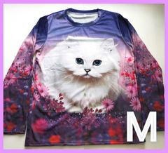 ◆送料無料◆迅速発送★Mサイズ★お花畑の白猫ちゃん★長袖シャツ★新品★