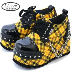 ♡新品未使用・超美品♡ LLサイズ（24.5cm-25cm） ヨースケ YOSUKE 厚底パンプス 厚底 レースアップシューズ レディース ブラックイエロー チェック柄 厚底シューズ レースアップパンプス チェーン付き スタッズ 　MY1038-446