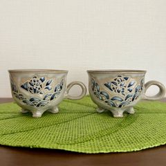 【 四つ足 】コーヒーカップ ペアセット（やちむん焼き）⑤