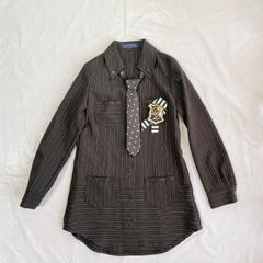美品 CHOPIN deux ショパンドゥ 女の子 子供用 ブラウス シャツ ワンピース 140㎝  ブラック ストライプ ロング丈 ネクタイ エンブレム スター かわいい かっこいい カジュアル 発表会 結婚式 セレモニー フォーマル 入学式