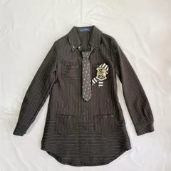 美品 CHOPIN deux ショパンドゥ 女の子 子供用 ブラウス シャツ ワンピース 140㎝  ブラック ストライプ ロング丈 ネクタイ エンブレム スター かわいい かっこいい カジュアル 発表会 結婚式 セレモニー フォーマル 入学式