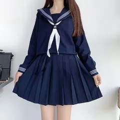セーラー服 レディース  紺色 女子高生 3点セット ハロウィン 仮装 JK 制服 コスチューム 長袖 前開き 上下セット プリーツスカート 人気 女子制服 本格制服 紺三本 文化祭 卒業式 清純 可愛い ネイビー xzjhvzf#