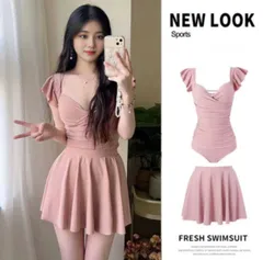 【美シルエット♡くすみピンク】フレアスカート風　ワンピース　水着　ＸＬ　大きいサイズ　プール　海　ぽっちゃり