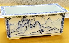 黒田一楽作　染付山水盆栽鉢