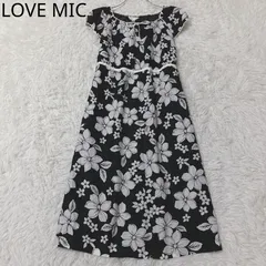 ラブミック　マキシワンピース　花柄　フリル　スクエアネック　オフショルダー　フレンチスリーブ　マタニティウェア　ゆったり　Aライン　カジュアル　シンプル　ブラックホワイト　サイズ9AR Mサイズ相当