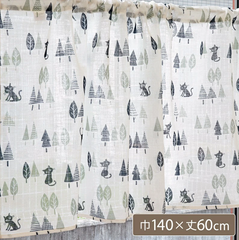 【猫　草木柄】カフェカーテン 巾140cm×丈60cm　1枚入り