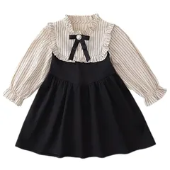 【新品】 [Kuhvvse] 女の子 フォーマル ワンピース 可愛い 子供服 ドレス スカート 長袖 ストライプ リボン 学院風 ガールズ 入学式 入園式 卒園式 ?表会 結婚式 春 秋 90-140(130 ブラック)
