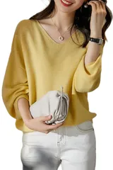 [GRHONC] ニット レディース Vネック ゆったり 無地 きれいめ 体型カバー オフィス カジュアル セーター 春 秋 (JP, アルファベット, XL, イエロー) [イエロー] [XL]