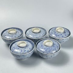 663 染付　微塵唐草　古伊万里　伊万里焼　骨董　アンティーク　蓋茶碗　小碗　5客セット