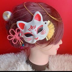 きつね☆ミニお面☆扇子髪飾り☆お祭り髪飾り☆組紐☆成人式☆髪飾り☆