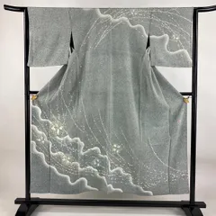 訪問着 身丈151.5cm 裄丈63cm S 単衣 落款 花丸文 枝花 ぼかし 灰緑 正絹 秀品 一つ紋 【中古】