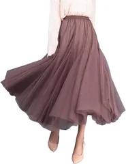 Dep Club チュールスカート ロング レディース 膝丈 大きいサイズ ゆったり ふんわり 裏地付き 透けない レース フリル 演奏会(ライトブラウン,  Free Size)