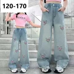 デニムパンツ 女の子 子供服 こども服 キッズ パンツ ダメージ加工 デニムパンツ ハート柄 ジーンズ ジーパン ズボン 刺しゅう  プリント 動きやすい 楽ちん ウエストゴム オールシーズン ゆったり KTGA028(120-170)