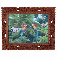 カラフルオウム プンゴセカンスタイル 52X42 ハワイアン アジアン バリ絵画 アート コンゴウインコ 鳥の絵 ヤシの木 リゾート インテリア Parsa作 240446