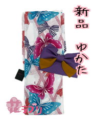 LY1061WH　«花ラブリ»　新品　レディース　浴衣単品　ゆかた　キスミス　リボン　蝶　白　ホワイト　ピンク　水色　ライトブルー　和風　和柄　和装　和服