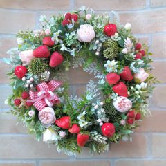 フラワーリース 春の足音10 いちごと薔薇たち 玄関リース 造花