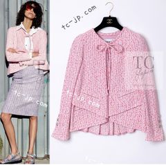シャネル ジャケット CHANEL 美人見え ピンク リボン ファンタジー コットン 春夏 サマー ツイード カール・ラガーフェルド お嬢様 新品同様 36