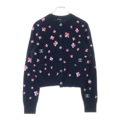 CHANEL (シャネル) ココマークボタン クローバー ジャガード 総柄 ノーカラー カシミヤニット カーディガン ネイビー レディース P76929K11094