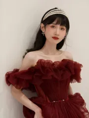 カラードレス ロングドレス 演奏会 Aラインドレス 発表会 オフショルダー ワンショルダー 赤いイブニングドレス 二次会 成人式 卒業式 xzjhsjd#