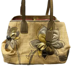 【送料無料】COACH/コーチ/籠バッグ/カゴバッグ/トートバッグ/ハンドバッグ/ベージュ/内側ピンク/フラワー/お花/ストロー/F14867/中古品
