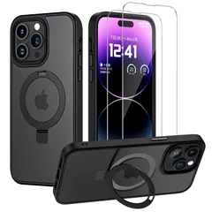 【MagSafeスタンド一体型】Holidi iPhone14 Pro Max ケース MagSafe 隠しスタンド マット感 マグネット搭載 米軍MIL規格 全面保護 ストラップホール付き Rotastand-Series 半透明 ブラック