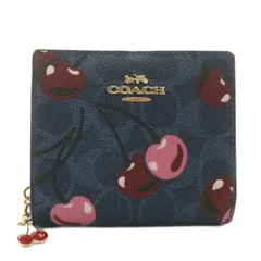 コーチ COACH 財布 二つ折り PVC レザー さくらんぼ チェリー 総柄 ロゴ ゴールド金具 紺 ネイビー 赤 レッド /XZ ■GY18