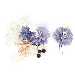 髪飾り 成人式 振袖 前撮り 袴 花 ブルーグレー 青 灰色 白 ゴールド レース リボン ビーズ 大きい 小さい 2点セット 着物 和 No.12-0775